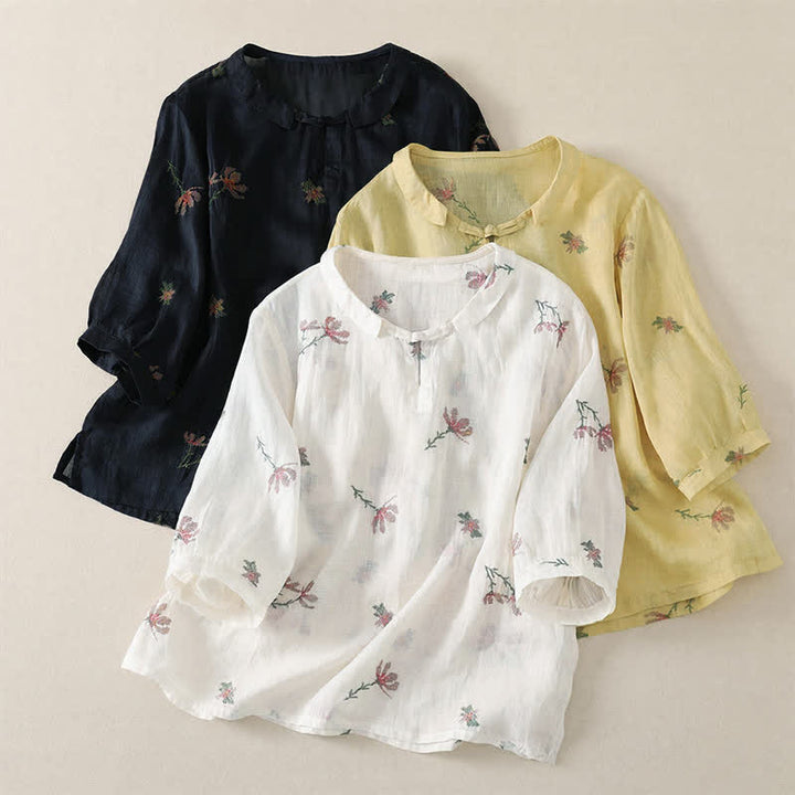 Buddha Stones Summer Casual Embroidery Floral Women's Short Sleeve Shirts - image 18