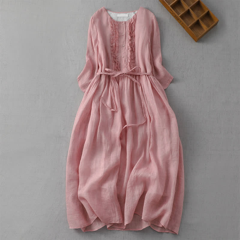 Buddha Stones Summer Casual Vintage Button-Up Drawstring Solid Women's Short Sleeve Dress With Pocket - LightPink - US14, UK/AU18, EU46 (2XL) - image 1