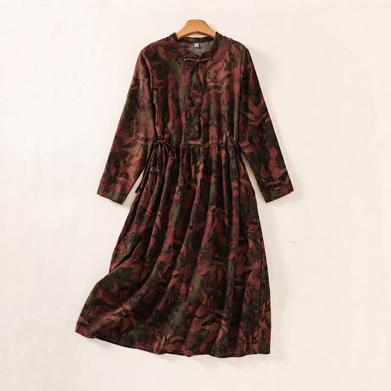 Buddha Stones Fall Elegant Vintage Button-Up Floral Women's Long Sleeve Dress With Pockets - SaddleBrown - US12, UK/AU16, EU44 (2XL) - image 7