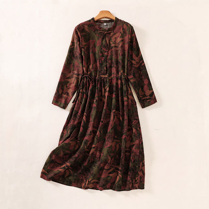 Buddha Stones Fall Elegant Vintage Button-Up Floral Women's Long Sleeve Dress With Pockets - SaddleBrown - US12, UK/AU16, EU44 (2XL) - image 7