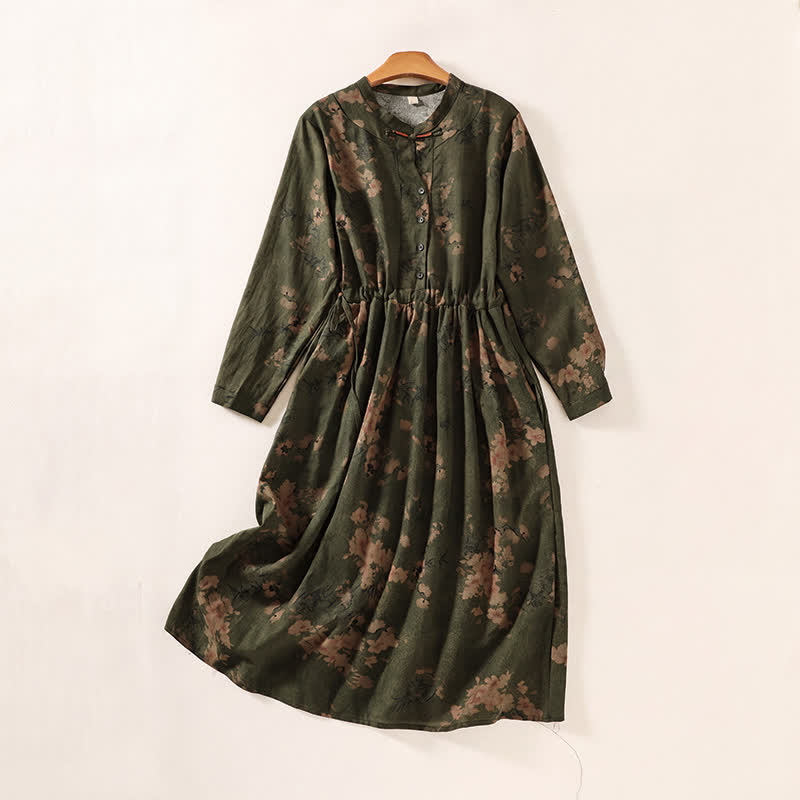 Buddha Stones Fall Elegant Vintage Button-Up Floral Women's Long Sleeve Dress With Pockets - DarkOliveGreen - US12, UK/AU16, EU44 (2XL) - image 0