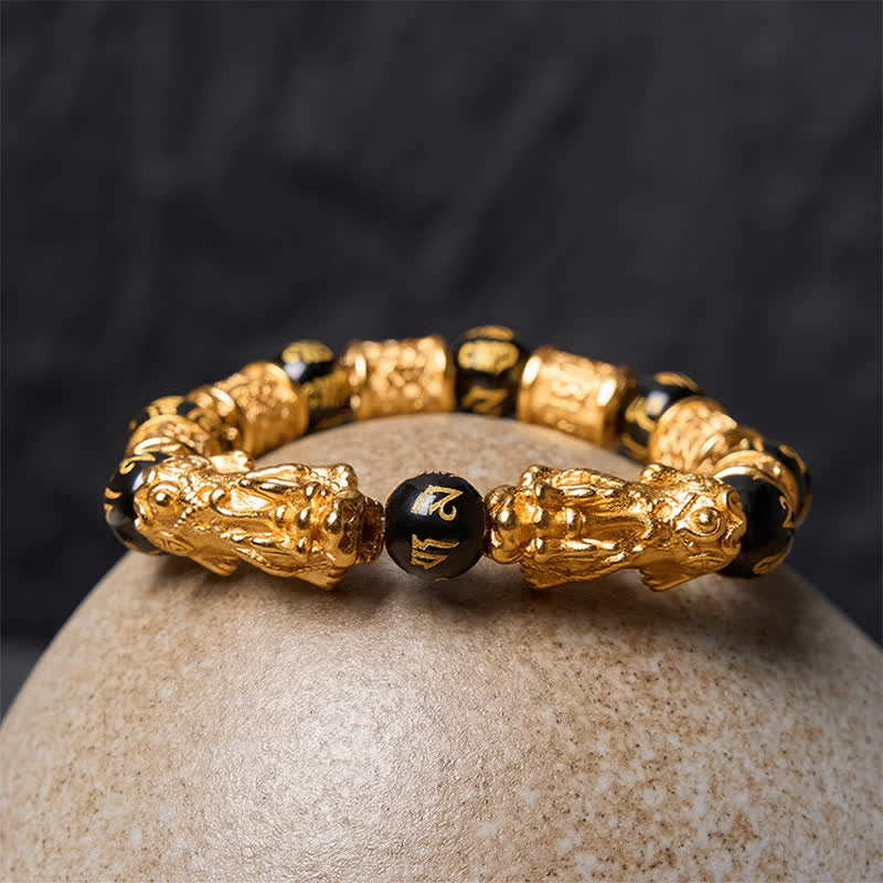 Buddha Stones Black Gold Pi Xiu Om Mani Padme Hum Wealth Round Bead Bracelet - image 3