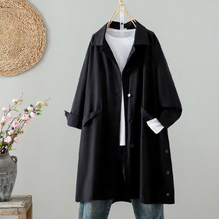 Buddha Stones Spring Fall Casual Minimalist Button-Up Solid Thin Women's Jacket With Pocket - Black - US12, UK/AU16, EU44 (2XL) - image 11