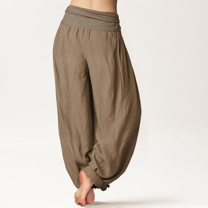 Buddha Stones Pure Cotton Plain Tan Women's Elastic Waist Harem Pants - image 1