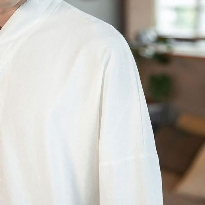 Buddha Stones Fall Tang Style Minimalist Mandarin Collar Solid Men's Long Sleeve Shirts - image 16