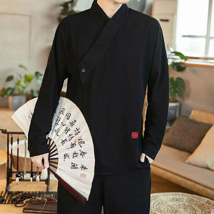 Buddha Stones Fall Tang Style Minimalist Mandarin Collar Solid Men's Long Sleeve Shirts - image 5
