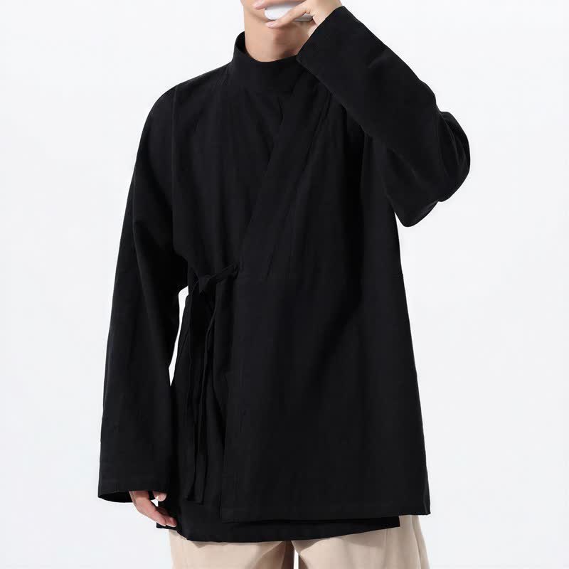 Buddha Stones Fall Winter Casual Tang Style Mandarin Collar Solid Cotton Long Sleeve Men's Kimonos - image 11