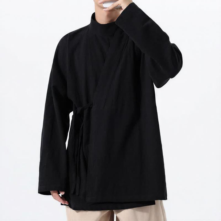 Buddha Stones Fall Winter Casual Tang Style Mandarin Collar Solid Cotton Long Sleeve Men's Kimonos - image 11