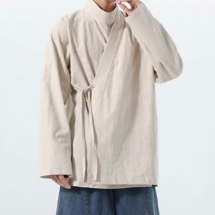 Buddha Stones Fall Winter Casual Tang Style Mandarin Collar Solid Cotton Long Sleeve Men's Kimonos - image 16