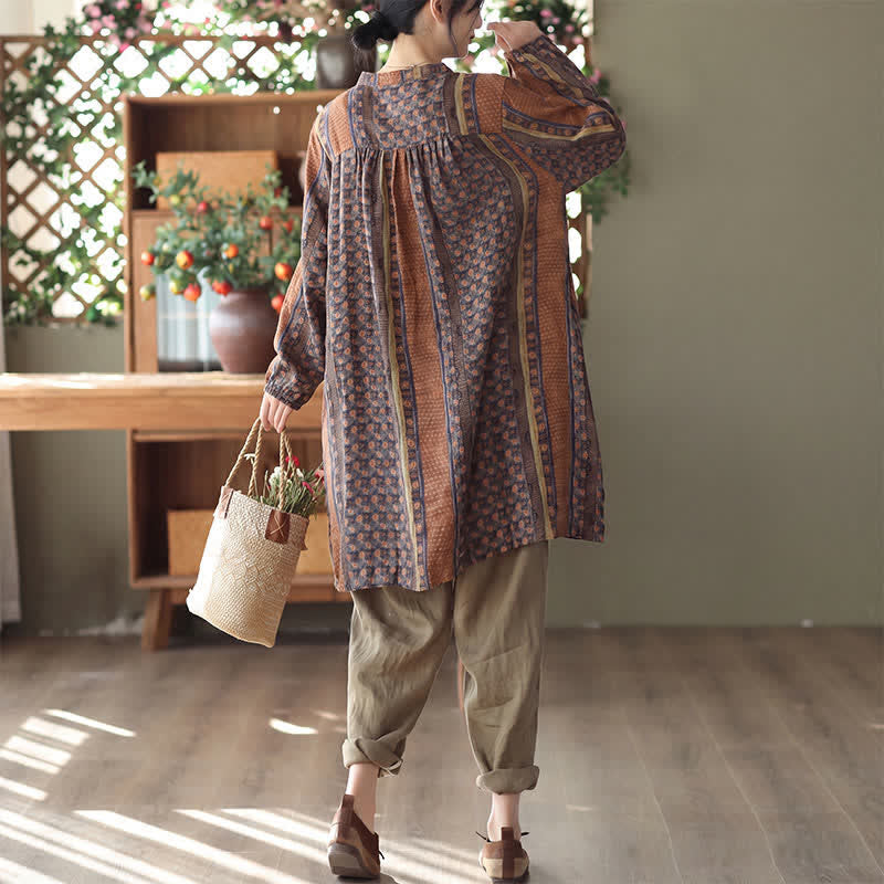 Buddha Stones Spring Fall Retro Boho Button-Up Striped Floral Women's Long Sleeve Dresses With Pocket - image 3