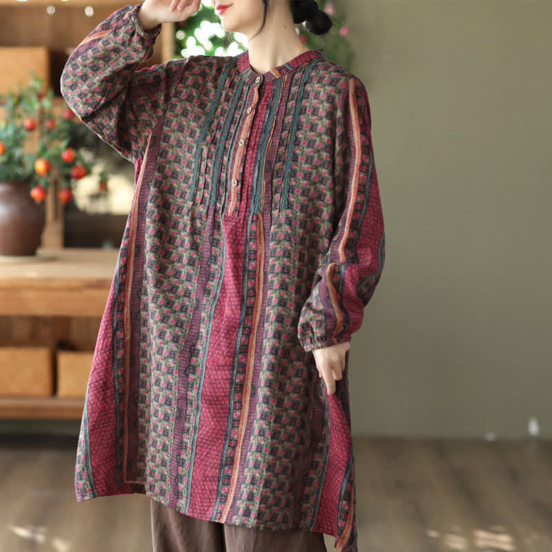 Buddha Stones Spring Fall Retro Boho Button-Up Striped Floral Women's Long Sleeve Dresses With Pocket - PaleVioletRed - US14，UK/AU18，EU46 (2XL) - image 19