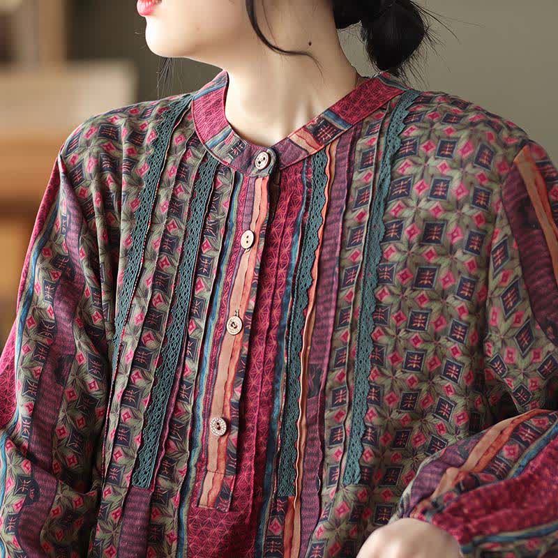 Buddha Stones Spring Fall Retro Boho Button-Up Striped Floral Women's Long Sleeve Dresses With Pocket - image 22