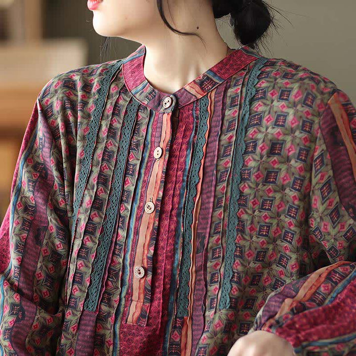 Buddha Stones Spring Fall Retro Boho Button-Up Striped Floral Women's Long Sleeve Dresses With Pocket - image 22