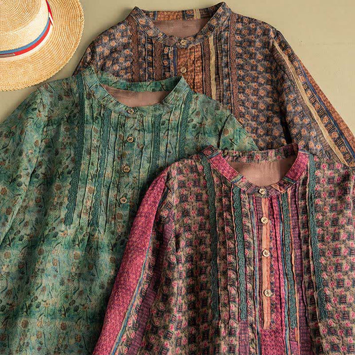 Buddha Stones Spring Fall Retro Boho Button-Up Striped Floral Women's Long Sleeve Dresses With Pocket - image 24