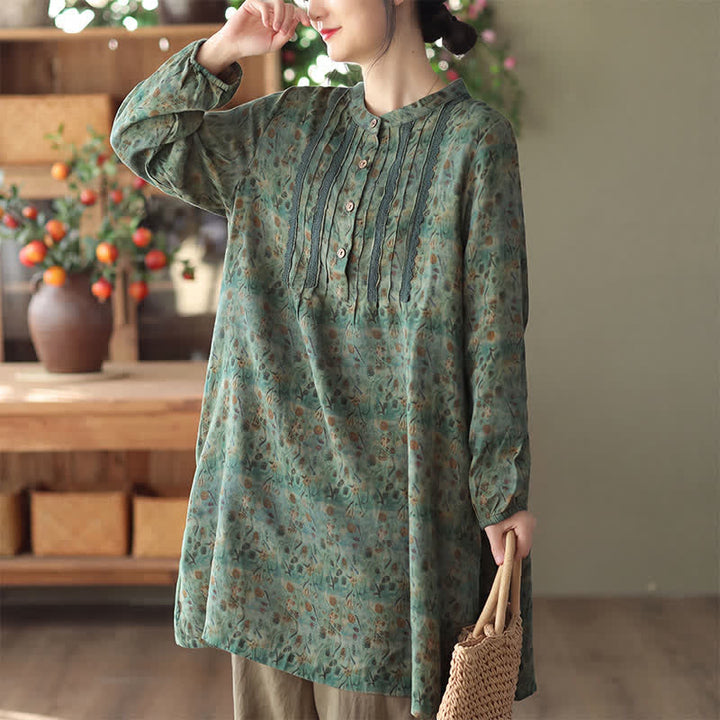 Buddha Stones Spring Fall Retro Boho Button-Up Striped Floral Women's Long Sleeve Dresses With Pocket - image 5