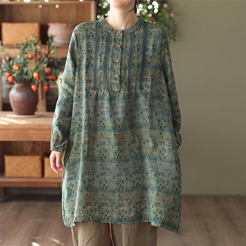 Buddha Stones Spring Fall Retro Boho Button-Up Striped Floral Women's Long Sleeve Dresses With Pocket - SeaGreen - US14，UK/AU18，EU46 (2XL) - image 4