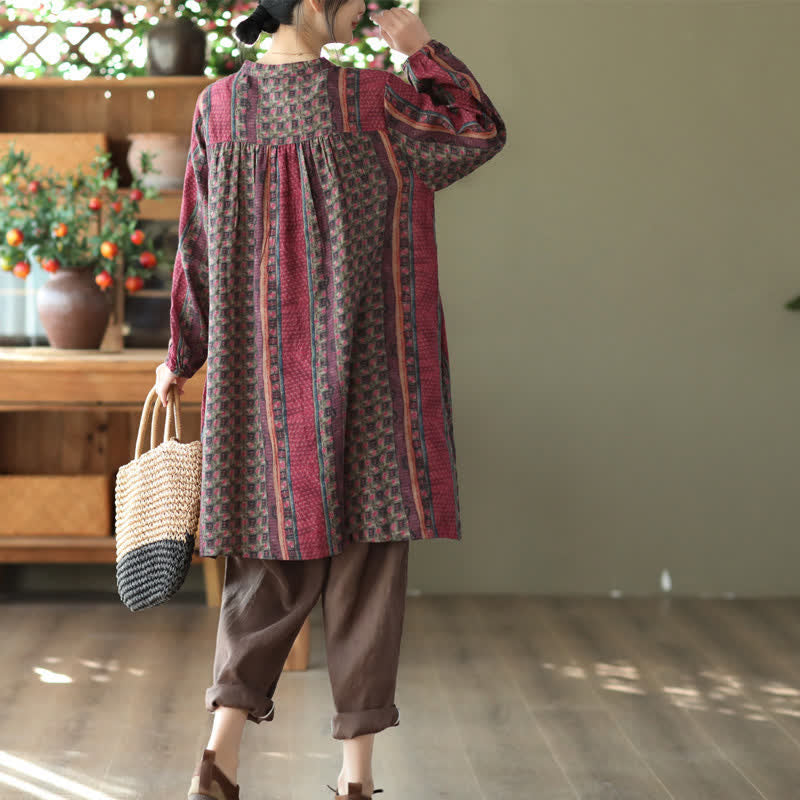Buddha Stones Spring Fall Retro Boho Button-Up Striped Floral Women's Long Sleeve Dresses With Pocket - image 21
