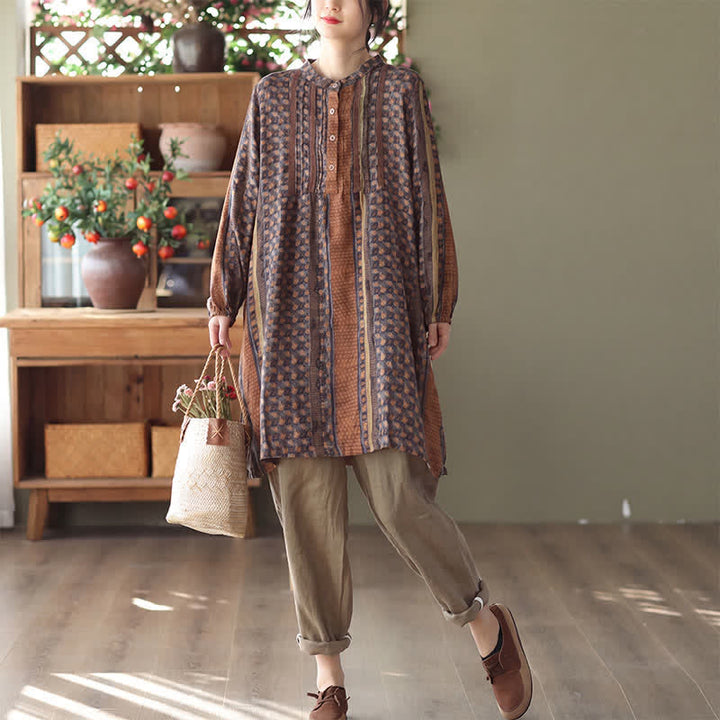 Buddha Stones Spring Fall Retro Boho Button-Up Striped Floral Women's Long Sleeve Dresses With Pocket - image 1
