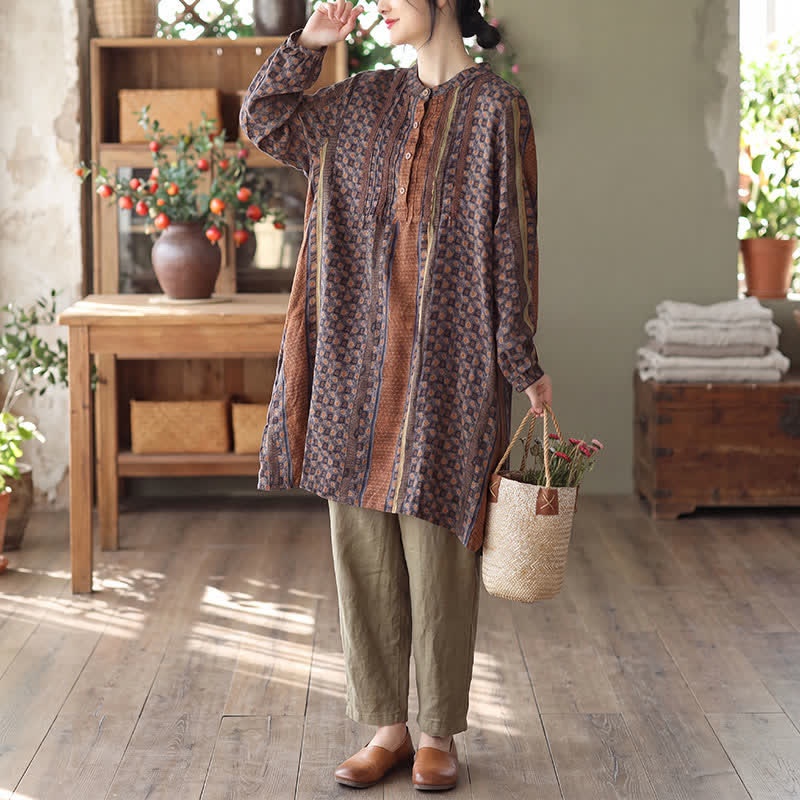 Buddha Stones Spring Fall Retro Boho Button-Up Striped Floral Women's Long Sleeve Dresses With Pocket - image 2