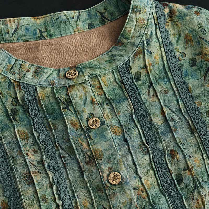 Buddha Stones Spring Fall Retro Boho Button-Up Striped Floral Women's Long Sleeve Dresses With Pocket - image 11