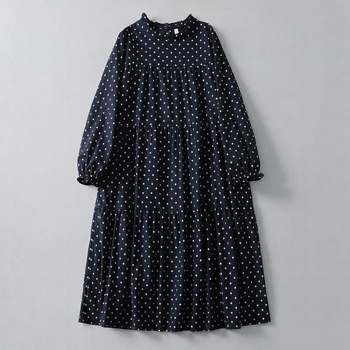 Buddha Stones Spring Vintage Tiered Polka Dot Women's Long Sleeve Dress With Pockets - Navy - US14, UK/AU18, EU46 (2XL) - image 0