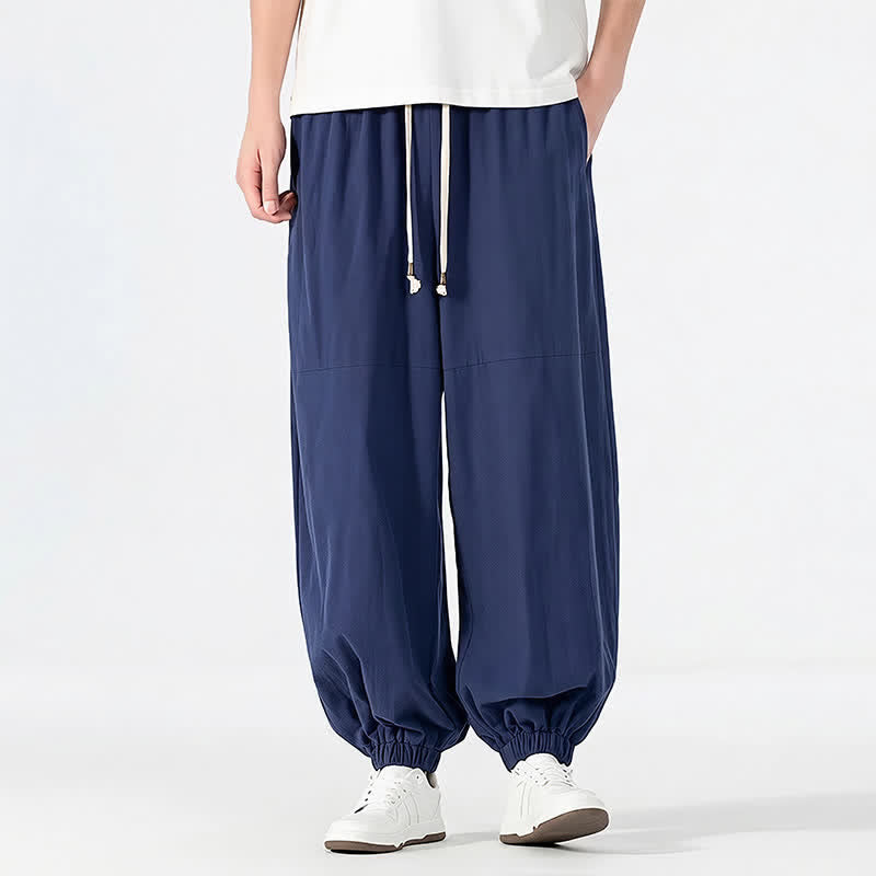 Buddha Stones Spring Summer Casual Minimalist Drawstring Solid Cotton Linen Ankle Pants Men's Harem Pants With Pocket - Navy - US/UK/AU54, EU64 (9XL) - image 0