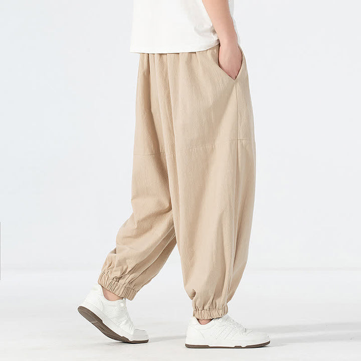 Buddha Stones Spring Summer Casual Minimalist Drawstring Solid Cotton Linen Ankle Pants Men's Harem Pants With Pocket - image 20