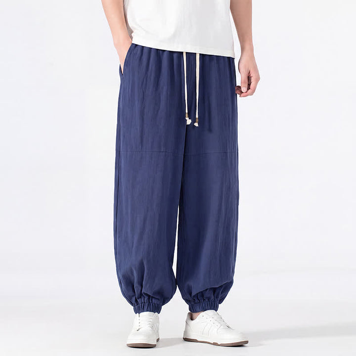 Buddha Stones Spring Summer Casual Minimalist Drawstring Solid Cotton Linen Ankle Pants Men's Harem Pants With Pocket - image 1
