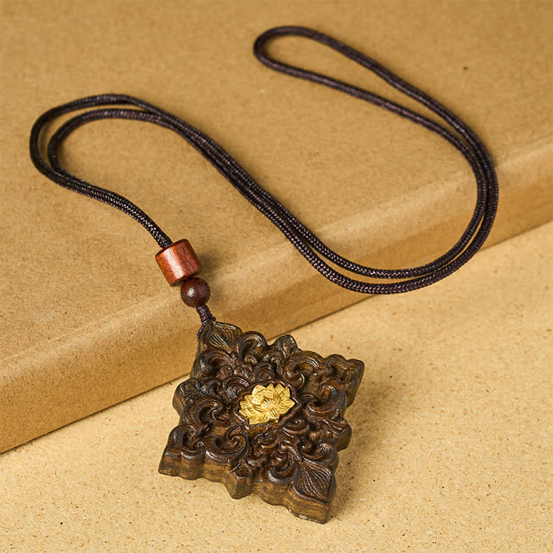 Buddha Stones Sappanwood Lotus Carved Square Shape Enlightenment Pendant Necklace - image 1