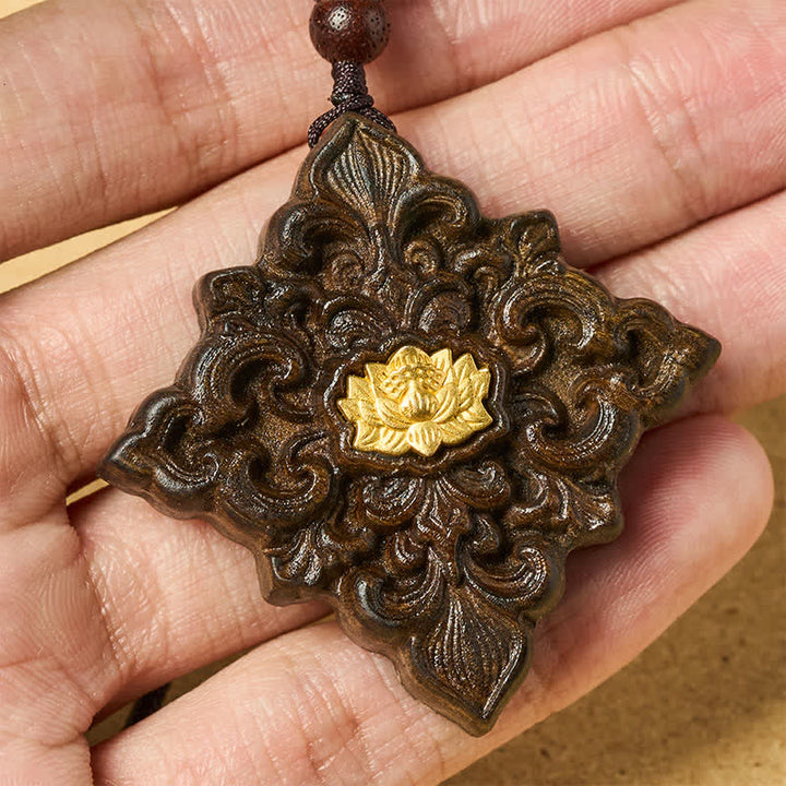 Buddha Stones Sappanwood Lotus Carved Square Shape Enlightenment Pendant Necklace - image 4