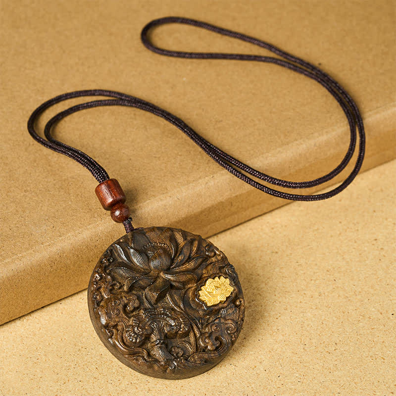 Buddha Stones Lotus Carved Sappanwood Enlightenment Necklace - image 1