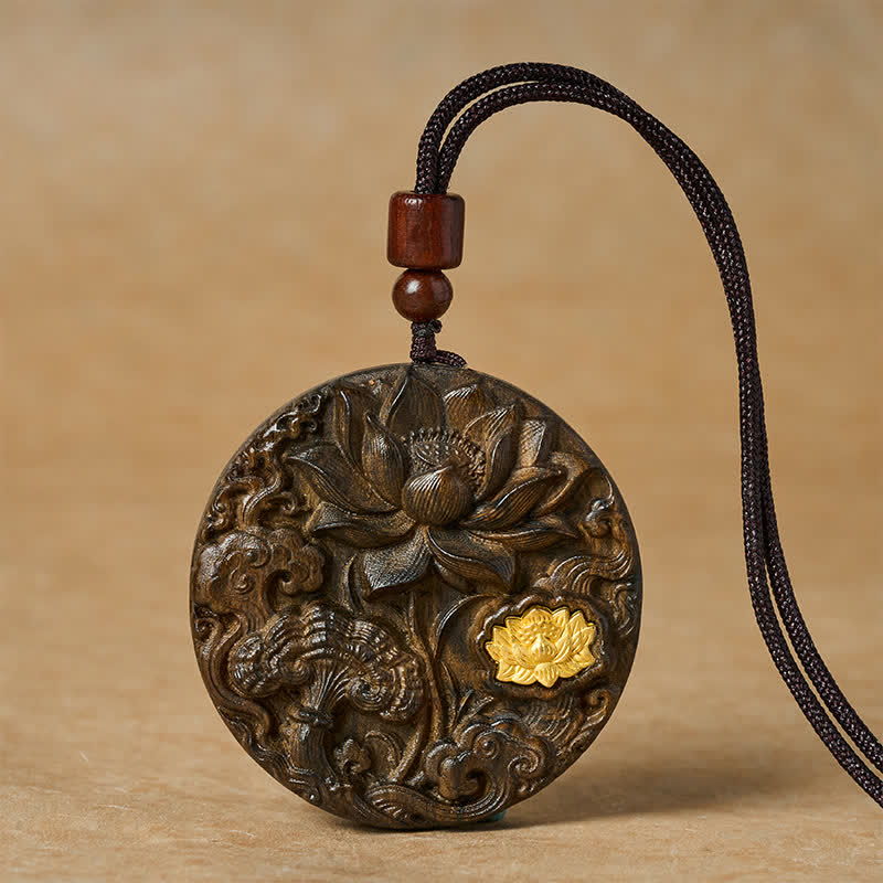Buddha Stones Lotus Carved Sappanwood Enlightenment Necklace - Double Lotus - image 0