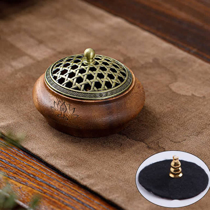 Buddha Stones Peach Wood Dragon Phoenix Luck Round Bag Incense Burner - Bowl-shaped - Green Woven Design - image 8