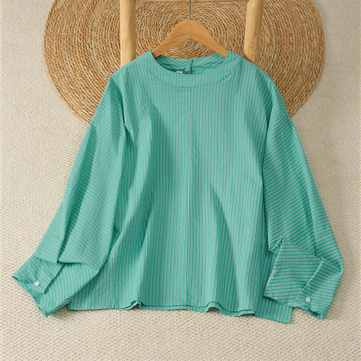 Buddha Stones Spring Casual Minimalist Green Striped Crew Neck Women's Long Sleeve T-Shirt - MediumAquamarine - US14, UK/AU18, EU46 (2XL) - image 0