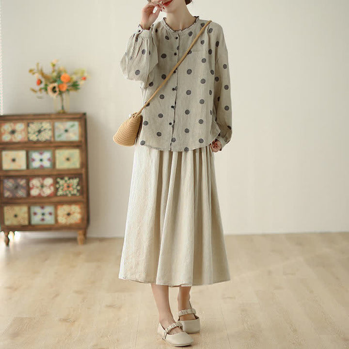 Buddha Stones Spring Fall Casual Vintage Button-Up Polka Dot Women's Long Sleeve Shirts With Pocket - image 6