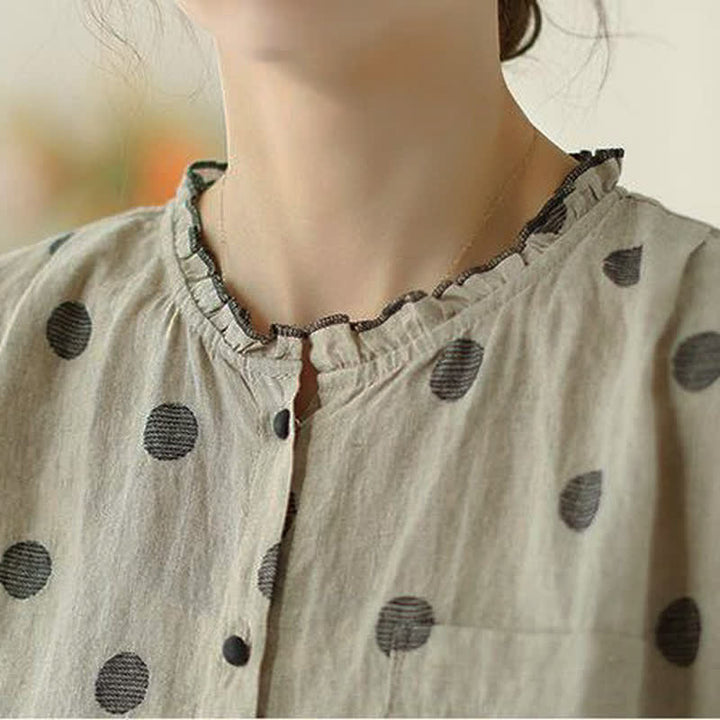 Buddha Stones Spring Fall Casual Vintage Button-Up Polka Dot Women's Long Sleeve Shirts With Pocket - image 7