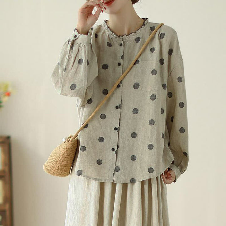 Buddha Stones Spring Fall Casual Vintage Button-Up Polka Dot Women's Long Sleeve Shirts With Pocket - image 1
