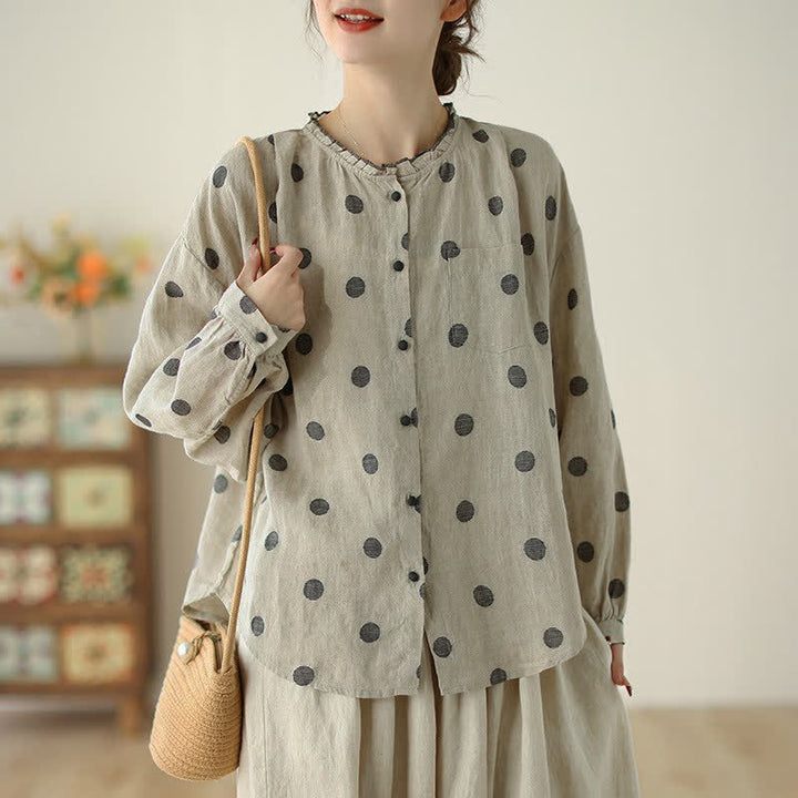 Buddha Stones Spring Fall Casual Vintage Button-Up Polka Dot Women's Long Sleeve Shirts With Pocket - Beige - US8-10, UK/AU12-14, EU40-42 (2XL) - image 0