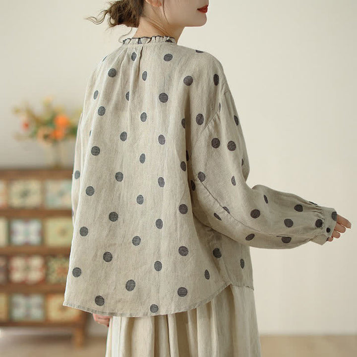 Buddha Stones Spring Fall Casual Vintage Button-Up Polka Dot Women's Long Sleeve Shirts With Pocket - image 4