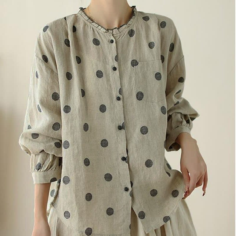 Buddha Stones Spring Fall Casual Vintage Button-Up Polka Dot Women's Long Sleeve Shirts With Pocket - image 5