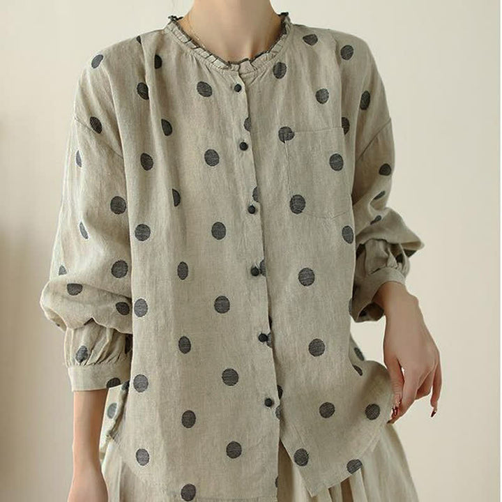 Buddha Stones Spring Fall Casual Vintage Button-Up Polka Dot Women's Long Sleeve Shirts With Pocket - image 5