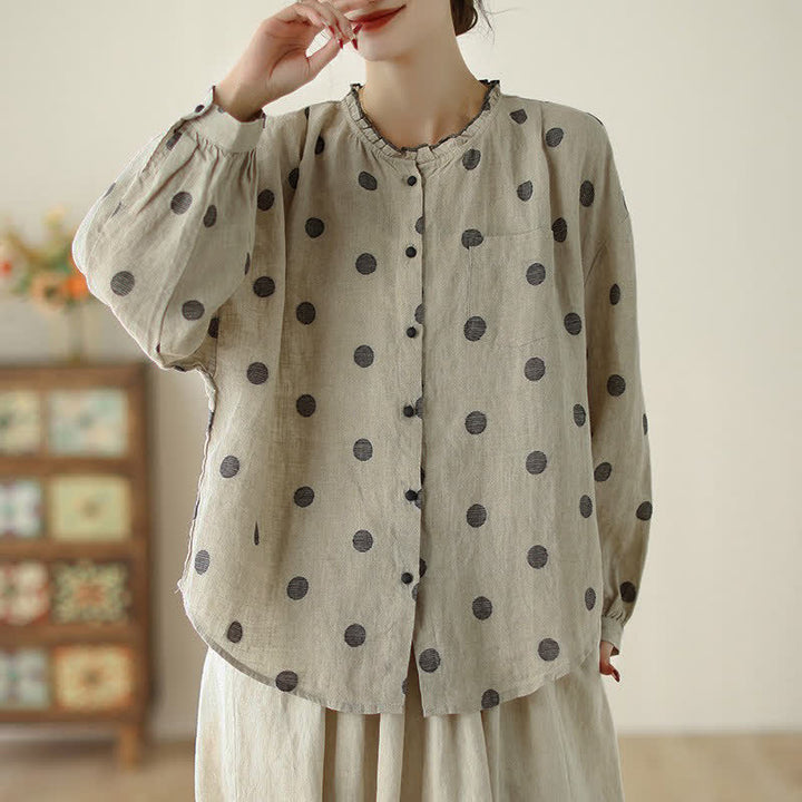 Buddha Stones Spring Fall Casual Vintage Button-Up Polka Dot Women's Long Sleeve Shirts With Pocket - image 2