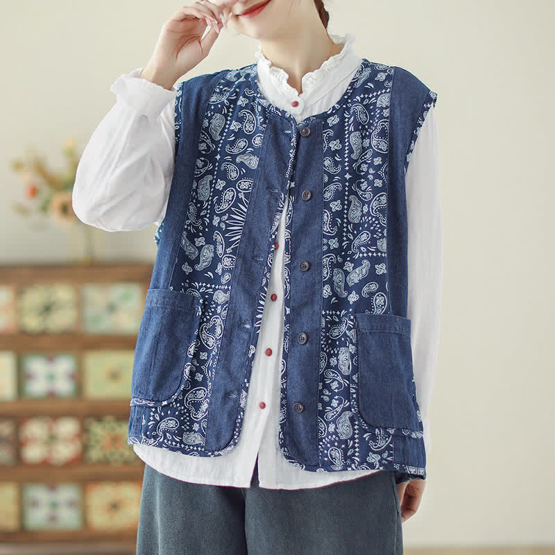 Buddha Stones Spring Fall Vintage Boho Button-Up Floral Tank Top Women's Vest With Pocket - RoyalBlue - US12, UK/AU16, EU44 (2XL) - image 0