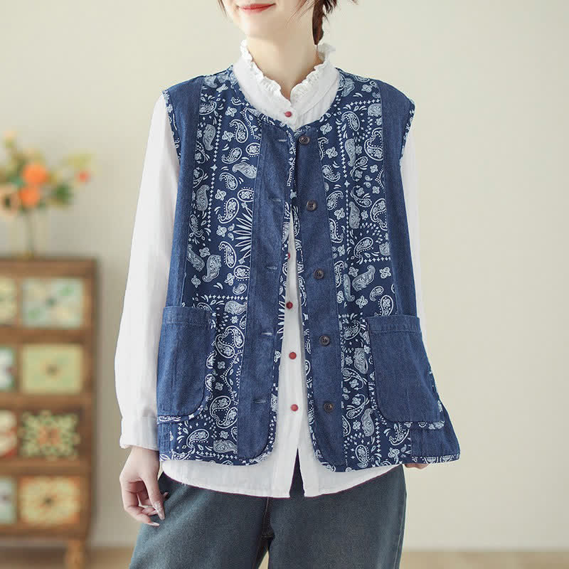 Buddha Stones Spring Fall Vintage Boho Button-Up Floral Tank Top Women's Vest With Pocket - image 1