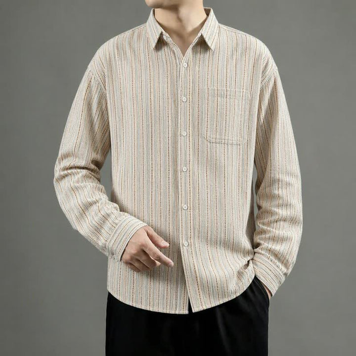 Buddha Stones Fall Casual Vintage Button-Up Striped Cotton Men's Long Sleeve Shirts With Patch Pocket - image 9