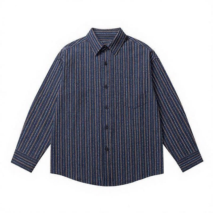 Buddha Stones Fall Casual Vintage Button-Up Striped Cotton Men's Long Sleeve Shirts With Patch Pocket - image 2