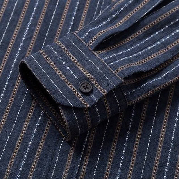 Buddha Stones Fall Casual Vintage Button-Up Striped Cotton Men's Long Sleeve Shirts With Patch Pocket - image 6