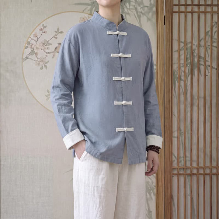 Buddha Stones Spring Fall Tang Style Minimalist Mandarin Collar Frog Button Solid Cotton Women's Long Sleeve Shirts - LightSlateGray - US16，UK/AU20，EU48 (5XL) - image 2