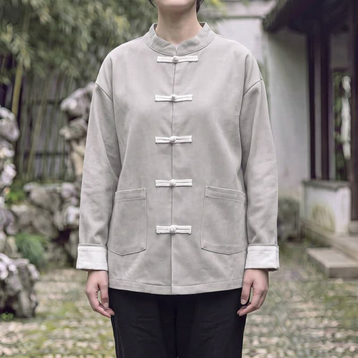Buddha Stones Fall Winter Tang Style Vintage Mandarin Collar Frog Button Solid Women's Jackets With Pocket - Gainsboro - US16，UK/AU20，EU48 (5XL) - image 9