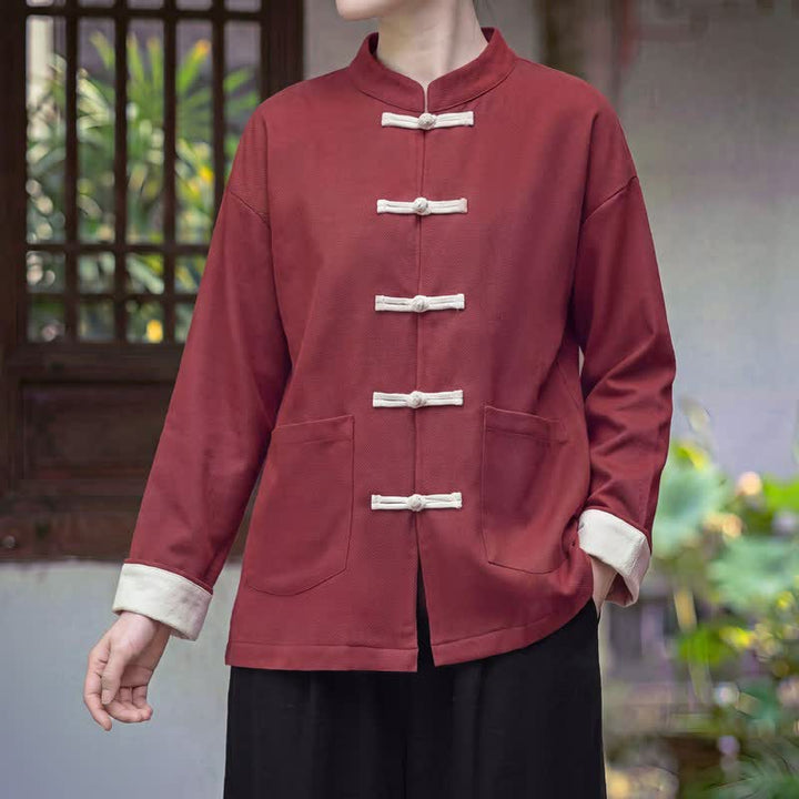 Buddha Stones Fall Winter Tang Style Vintage Mandarin Collar Frog Button Solid Women's Jackets With Pocket - FireBrick - US16，UK/AU20，EU48 (5XL) - image 0